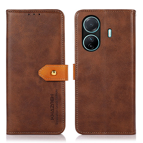 Leather Case Stands Flip Cover Holder N07P for Vivo T1 Pro 5G Brown