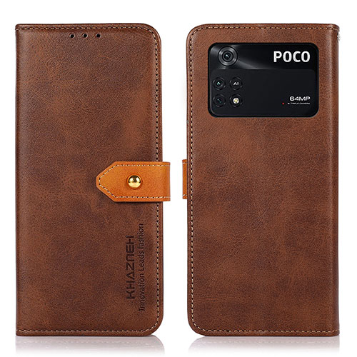 Leather Case Stands Flip Cover Holder N07P for Xiaomi Poco M4 Pro 4G Brown