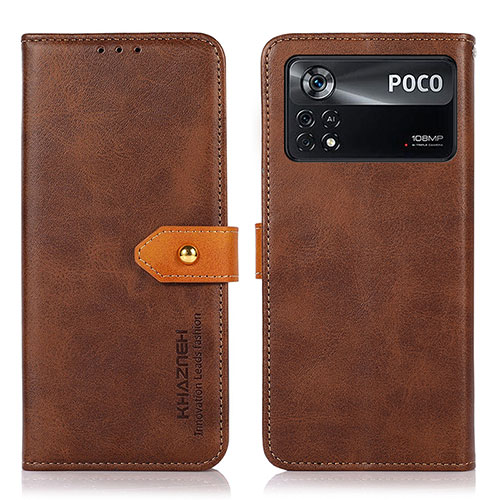 Leather Case Stands Flip Cover Holder N07P for Xiaomi Poco X4 Pro 5G Brown
