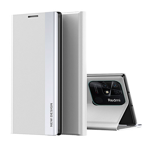 Leather Case Stands Flip Cover Holder Q01H for Xiaomi Redmi 10 India Silver