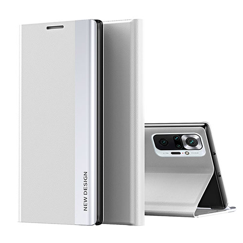 Leather Case Stands Flip Cover Holder Q01H for Xiaomi Redmi Note 10 Pro 4G Silver