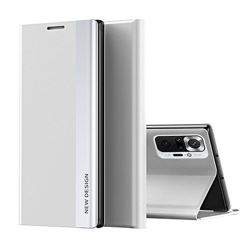 Leather Case Stands Flip Cover Holder Q01H for Xiaomi Redmi Note 10 Pro Max Silver