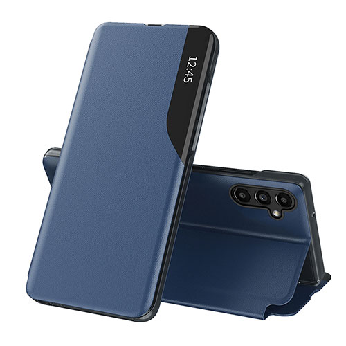 Leather Case Stands Flip Cover Holder QH1 for Samsung Galaxy A14 4G Blue