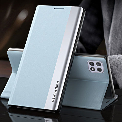 Leather Case Stands Flip Cover Holder QH2 for Samsung Galaxy A22s 5G Sky Blue