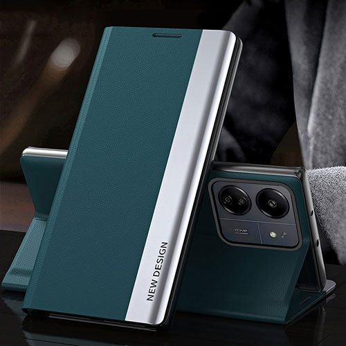 Leather Case Stands Flip Cover Holder QH2 for Xiaomi Poco C65 Green