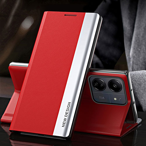 Leather Case Stands Flip Cover Holder QH2 for Xiaomi Poco C65 Red