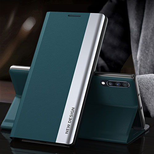 Leather Case Stands Flip Cover Holder QH3 for Samsung Galaxy A70 Green