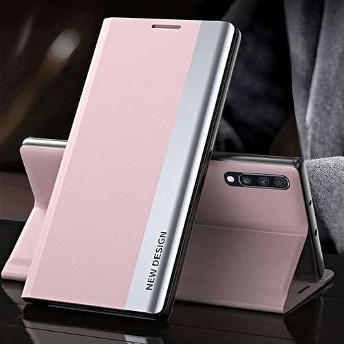 Leather Case Stands Flip Cover Holder QH3 for Samsung Galaxy A70 Rose Gold