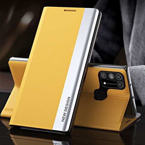 Leather Case Stands Flip Cover Holder QH3 for Samsung Galaxy M21s Yellow