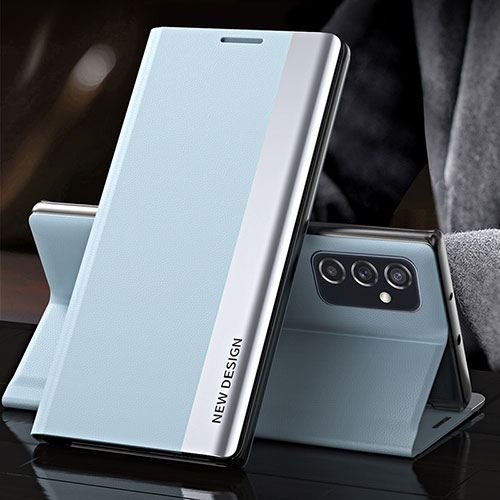Leather Case Stands Flip Cover Holder QH4 for Samsung Galaxy M23 5G Mint Blue