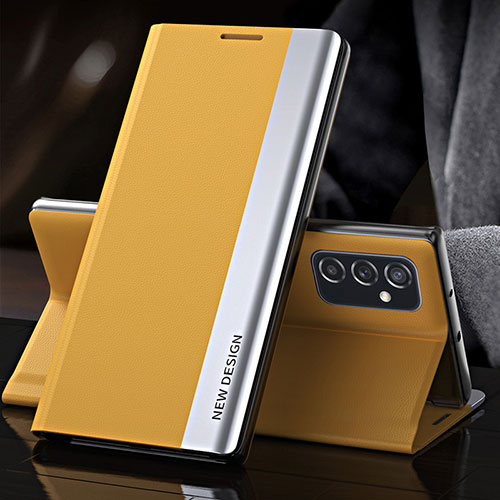 Leather Case Stands Flip Cover Holder QH4 for Samsung Galaxy M23 5G Yellow