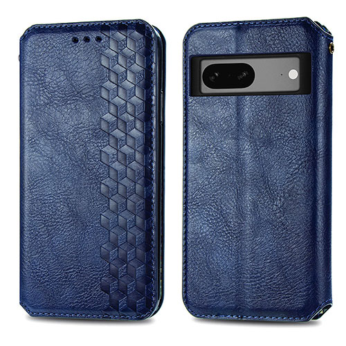 Leather Case Stands Flip Cover Holder S01D for Google Pixel 7a 5G Blue