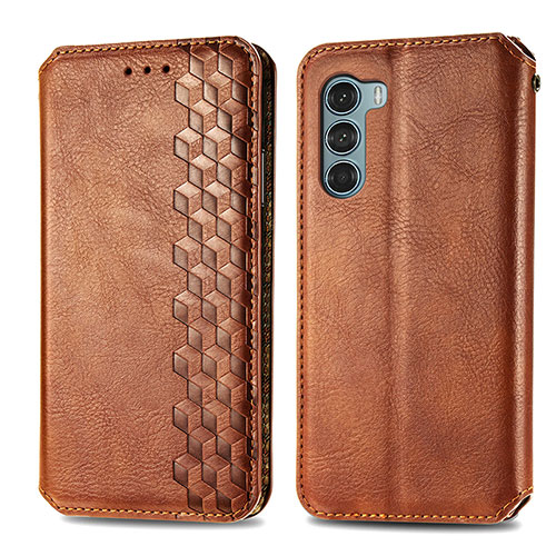 Leather Case Stands Flip Cover Holder S01D for Motorola Moto G200 5G Brown