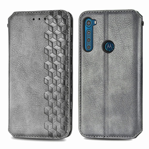 Leather Case Stands Flip Cover Holder S01D for Motorola Moto One Fusion Plus Gray