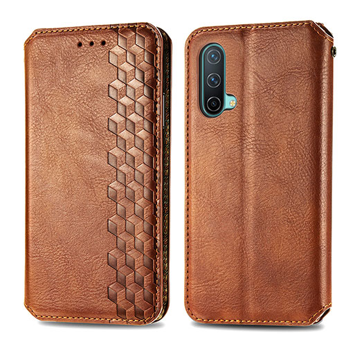 Leather Case Stands Flip Cover Holder S01D for OnePlus Nord CE 5G Brown