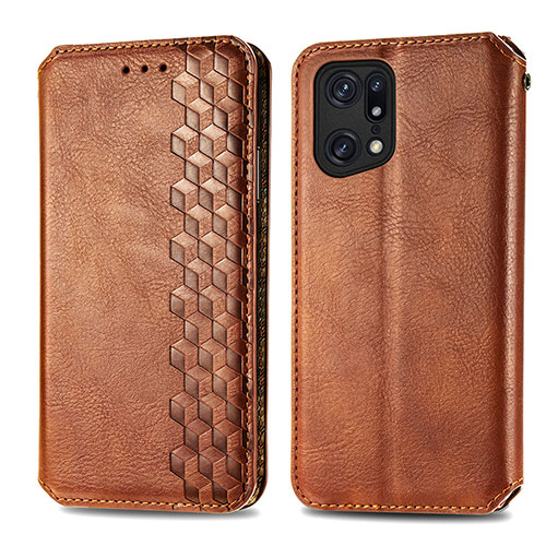 Leather Case Stands Flip Cover Holder S01D for Oppo Find X5 5G Brown