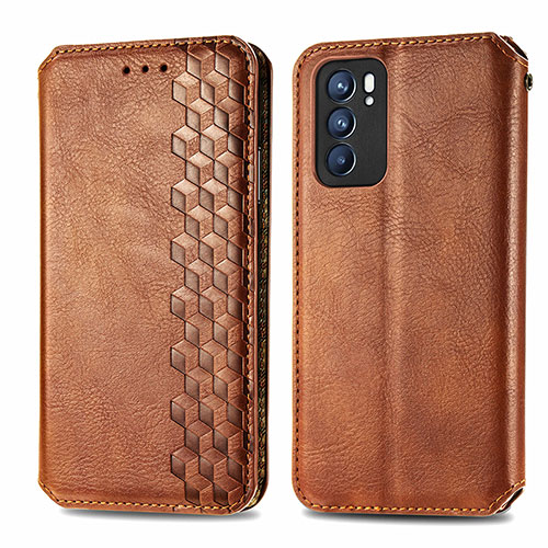 Leather Case Stands Flip Cover Holder S01D for Oppo Reno6 5G Brown