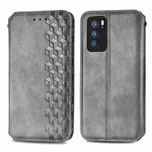 Leather Case Stands Flip Cover Holder S01D for Oppo Reno6 Pro 5G India Gray