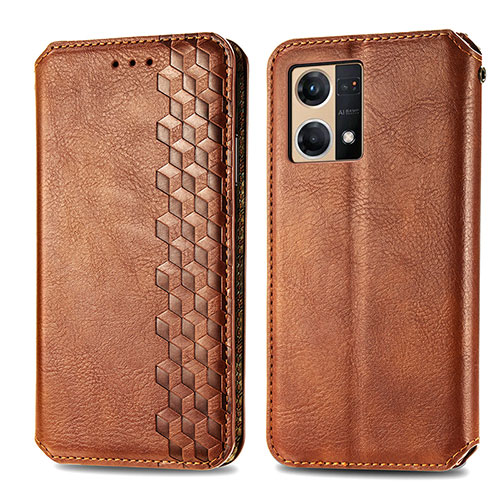 Leather Case Stands Flip Cover Holder S01D for Oppo Reno7 4G Brown