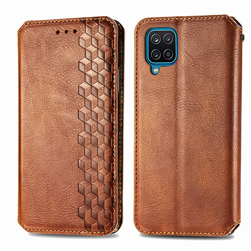 Leather Case Stands Flip Cover Holder S01D for Samsung Galaxy A12 Nacho Brown