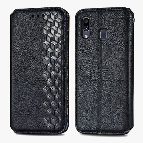 Leather Case Stands Flip Cover Holder S01D for Samsung Galaxy A20 Black