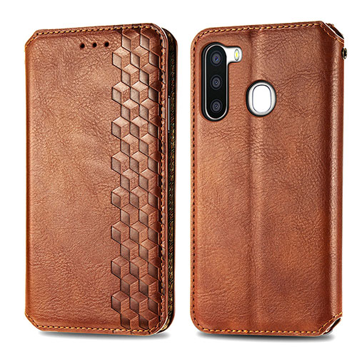 Leather Case Stands Flip Cover Holder S01D for Samsung Galaxy A21 European Brown