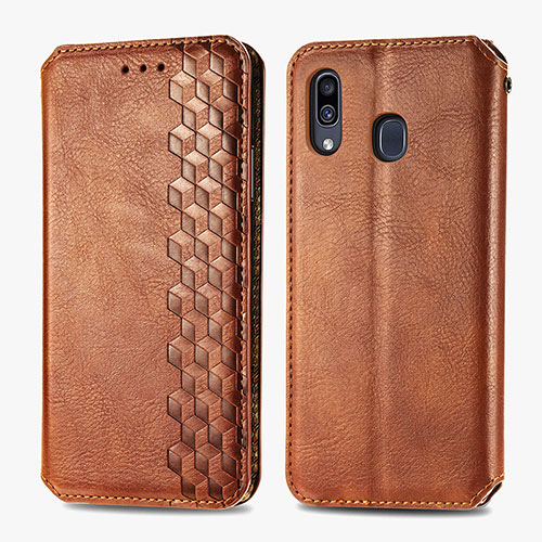 Leather Case Stands Flip Cover Holder S01D for Samsung Galaxy A30 Brown