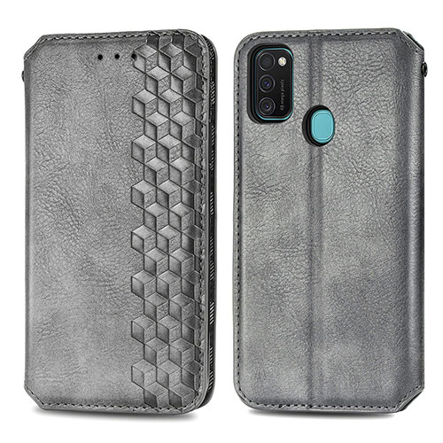 Leather Case Stands Flip Cover Holder S01D for Samsung Galaxy M21 Gray