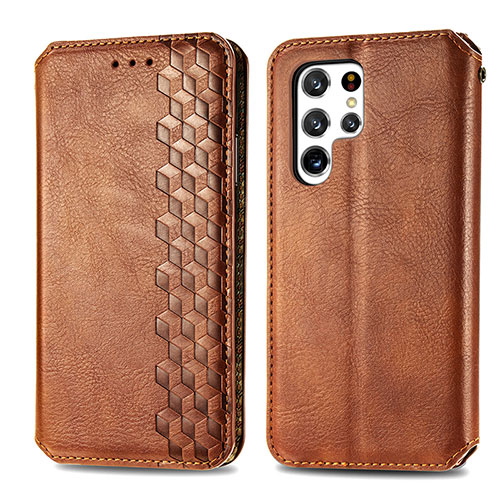 Leather Case Stands Flip Cover Holder S01D for Samsung Galaxy S25 Ultra 5G Brown