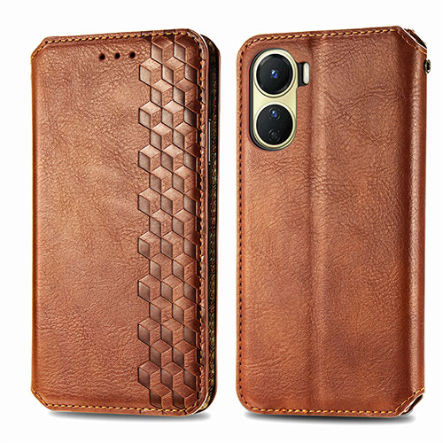 Leather Case Stands Flip Cover Holder S01D for Vivo Y02S Brown