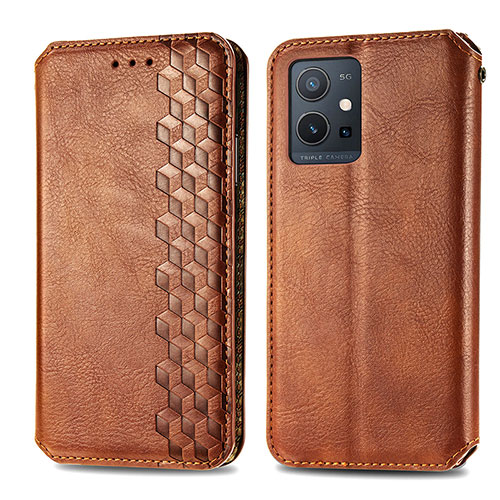 Leather Case Stands Flip Cover Holder S01D for Vivo Y55s 5G Brown