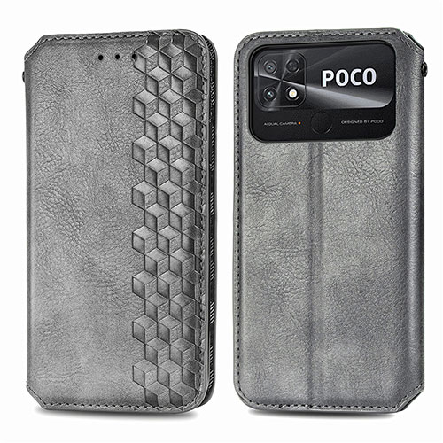 Leather Case Stands Flip Cover Holder S01D for Xiaomi Poco C40 Gray