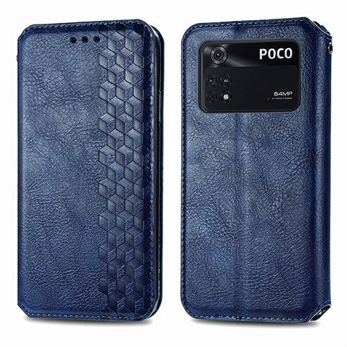 Leather Case Stands Flip Cover Holder S01D for Xiaomi Poco M4 Pro 4G Blue