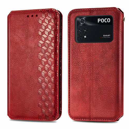 Leather Case Stands Flip Cover Holder S01D for Xiaomi Poco M4 Pro 4G Red