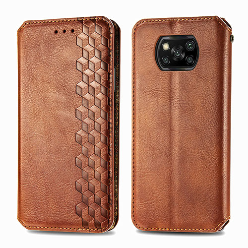 Leather Case Stands Flip Cover Holder S01D for Xiaomi Poco X3 NFC Brown