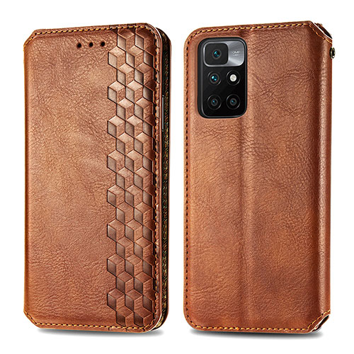 Leather Case Stands Flip Cover Holder S01D for Xiaomi Redmi 10 4G Brown