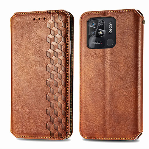 Leather Case Stands Flip Cover Holder S01D for Xiaomi Redmi 10C 4G Brown