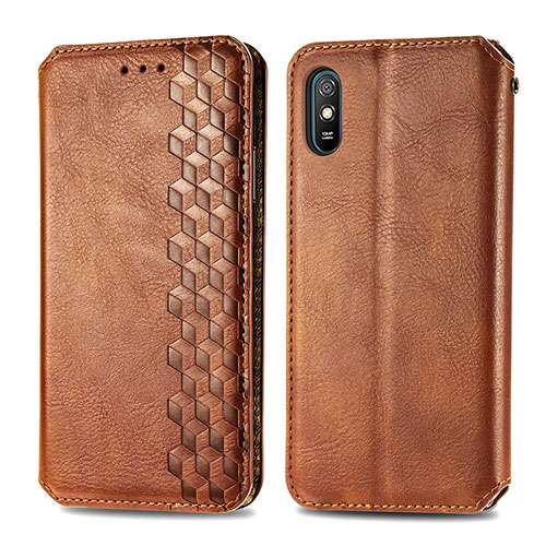 Leather Case Stands Flip Cover Holder S01D for Xiaomi Redmi 9A Brown