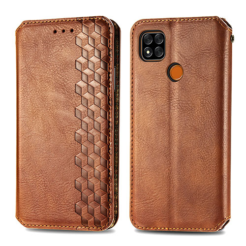 Leather Case Stands Flip Cover Holder S01D for Xiaomi Redmi 9C Brown