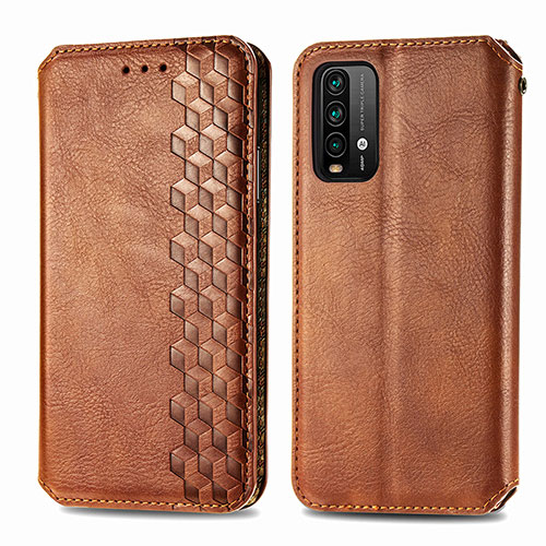 Leather Case Stands Flip Cover Holder S01D for Xiaomi Redmi Note 9 4G Brown