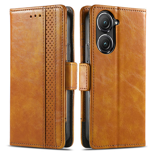 Leather Case Stands Flip Cover Holder S02D for Asus Zenfone 9 Light Brown