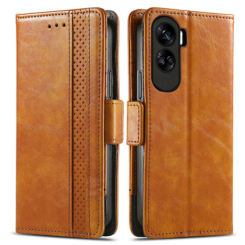 Leather Case Stands Flip Cover Holder S02D for Huawei Honor 90 Lite 5G Light Brown