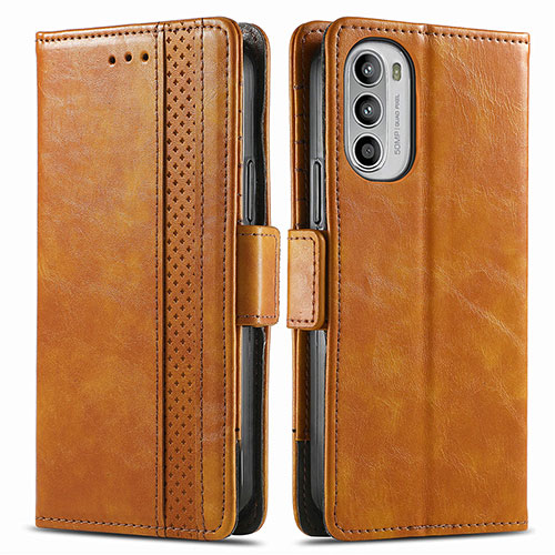 Leather Case Stands Flip Cover Holder S02D for Motorola Moto G52j 5G Light Brown