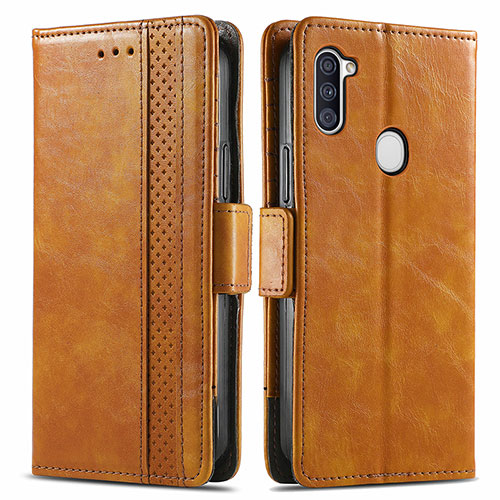 Leather Case Stands Flip Cover Holder S02D for Samsung Galaxy A11 Light Brown