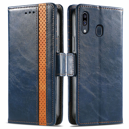 Leather Case Stands Flip Cover Holder S02D for Samsung Galaxy A20 Blue