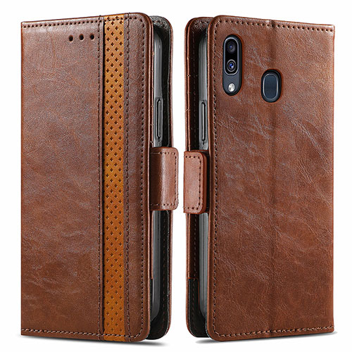 Leather Case Stands Flip Cover Holder S02D for Samsung Galaxy A20 Brown