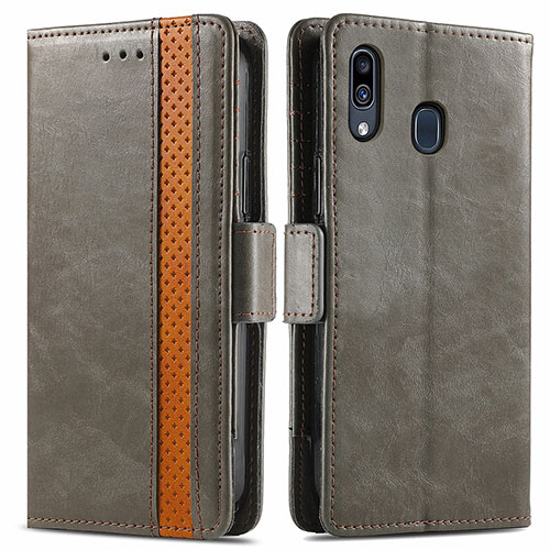 Leather Case Stands Flip Cover Holder S02D for Samsung Galaxy A20 Gray