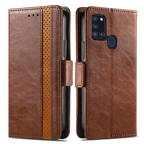 Leather Case Stands Flip Cover Holder S02D for Samsung Galaxy A21s Brown