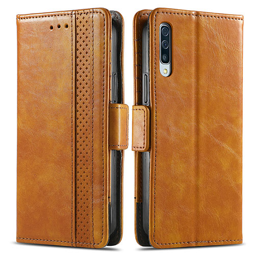 Leather Case Stands Flip Cover Holder S02D for Samsung Galaxy A30S Light Brown