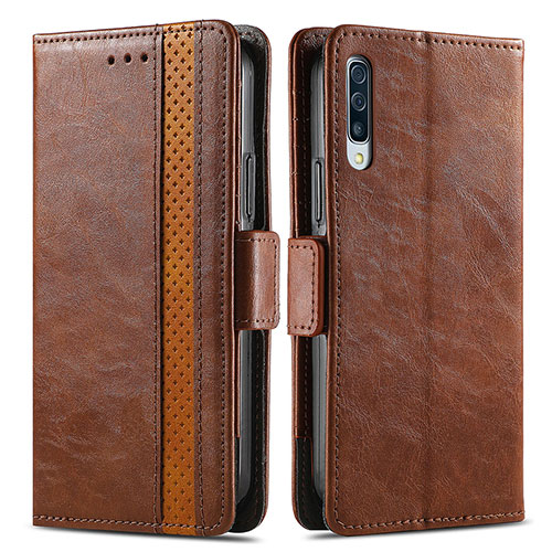Leather Case Stands Flip Cover Holder S02D for Samsung Galaxy A50S Brown